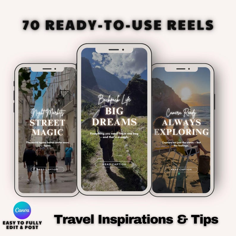 Reels inspiradores de viajes para Instagram: 70 plantillas de Canva con subtítulos (PLR MRR)