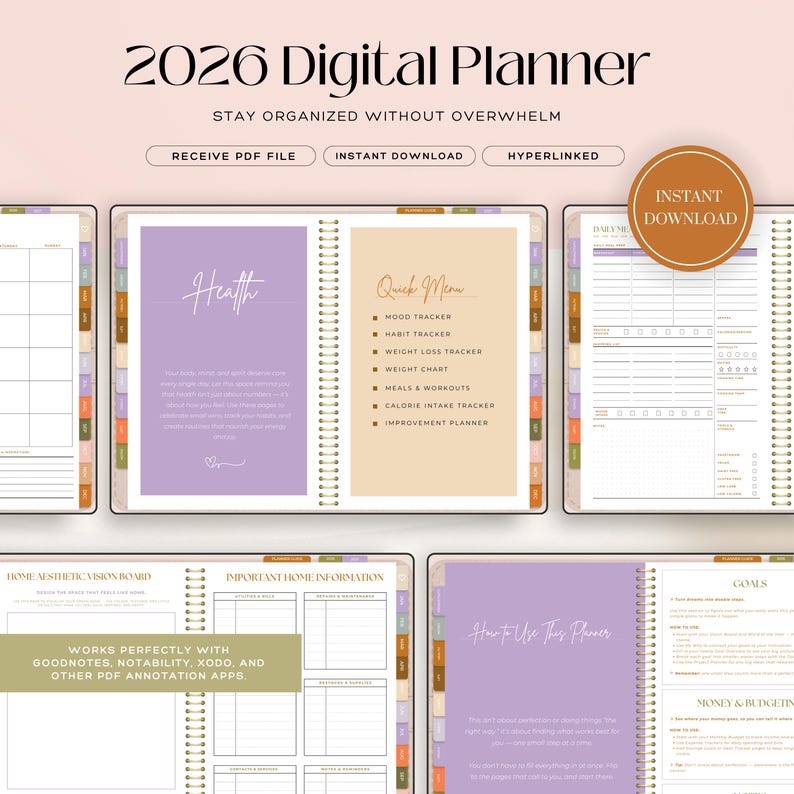 Planificateur numérique 2026 | Planificateur GoodNotes hyperlié adapté aux personnes atteintes de TDAH | Organisateur d'objectifs, de budget, de santé et de maison | Plan de vie non daté