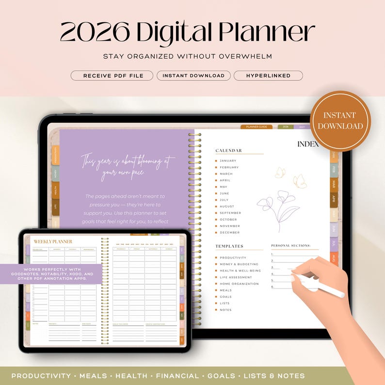 Planificateur numérique 2026 | Planificateur GoodNotes hyperlié adapté aux personnes atteintes de TDAH | Organisateur d'objectifs, de budget, de santé et de maison | Plan de vie non daté