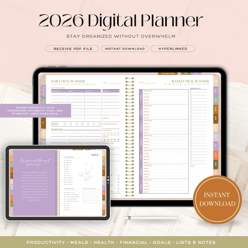 Planificateur numérique 2026 | Planificateur GoodNotes hyperlié adapté aux personnes atteintes de TDAH | Organisateur d'objectifs, de budget, de santé et de maison | Plan de vie non daté