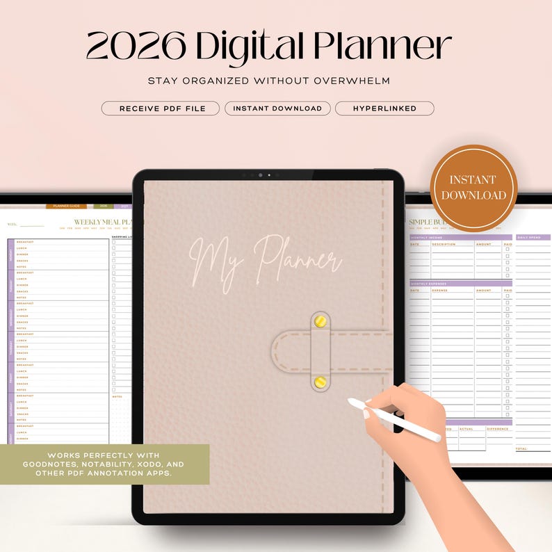 Planificateur numérique 2026 | Planificateur GoodNotes hyperlié adapté aux personnes atteintes de TDAH | Organisateur d'objectifs, de budget, de santé et de maison | Plan de vie non daté