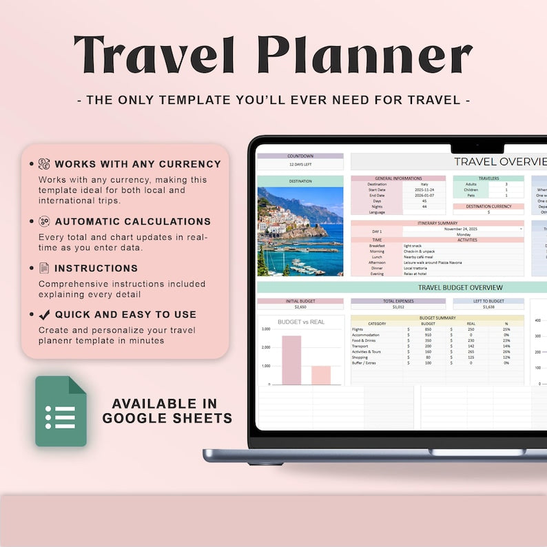 Planificador de Viajes Definitivo en Google Sheets Planificador Digital de Viajes Itinerario de Viaje Presupuesto Hoja de Cálculo Organizador de Vacaciones Lista de Verificación de Equipaje