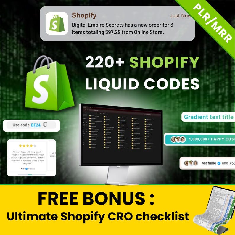 Paquete Shopify Liquid Codebook - Más de 220 códigos web personalizables PLR/MRR - Compatible con todos los temas - funciona para todas las plantillas (Descarga digital)