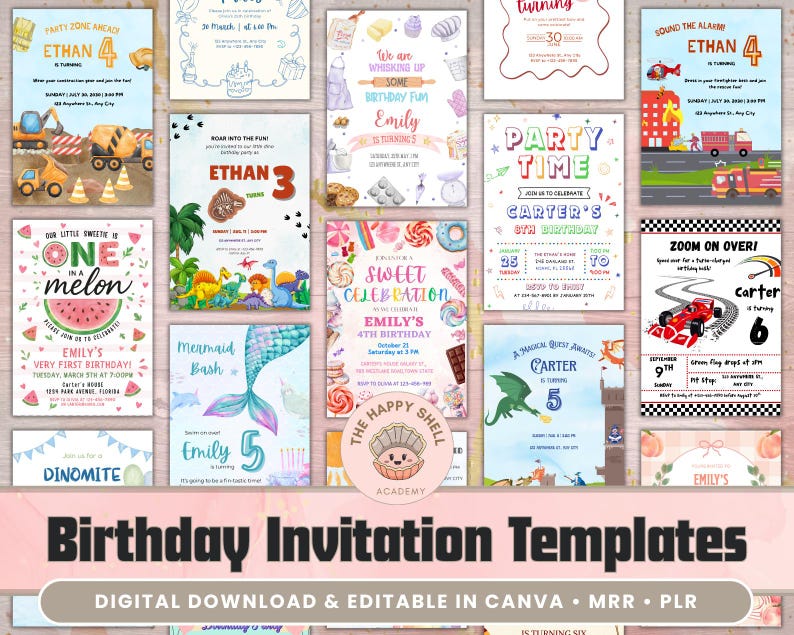 Pack d'invitations d'anniversaire numériques | Produit numérique PLR & MRR | 35 modèles Canva pour l'impression à la demande et le marketing numérique