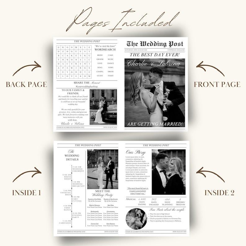 Modèle Canva de programme de mariage pliable, journal de jeunes mariés, programme de mariage sous forme de journal, emploi du temps de la cérémonie infographique