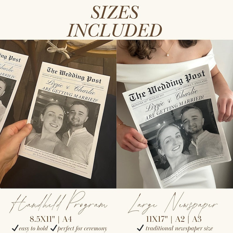 Modèle Canva de programme de mariage pliable, journal de jeunes mariés, programme de mariage sous forme de journal, emploi du temps de la cérémonie infographique