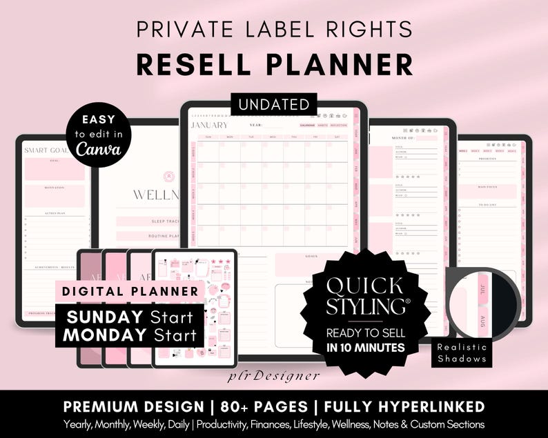 Agenda digital PLR sin fecha, con hipervínulos. Diseño premium, estética de pasteles rosas. Plantilla Canva PLR para revender con derechos de etiqueta privada.