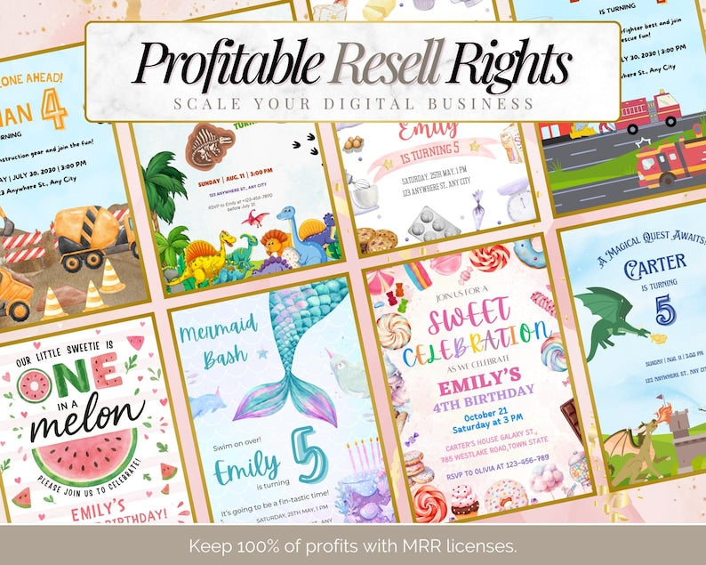 Pack d'invitations d'anniversaire numériques | Produit numérique PLR & MRR | 35 modèles Canva pour l'impression à la demande et le marketing numérique