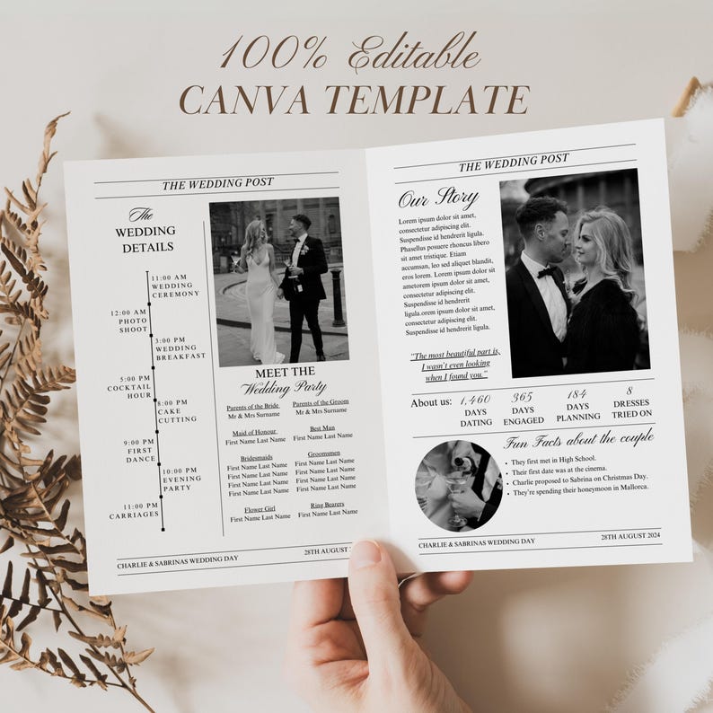 Modèle Canva de programme de mariage pliable, journal de jeunes mariés, programme de mariage sous forme de journal, emploi du temps de la cérémonie infographique